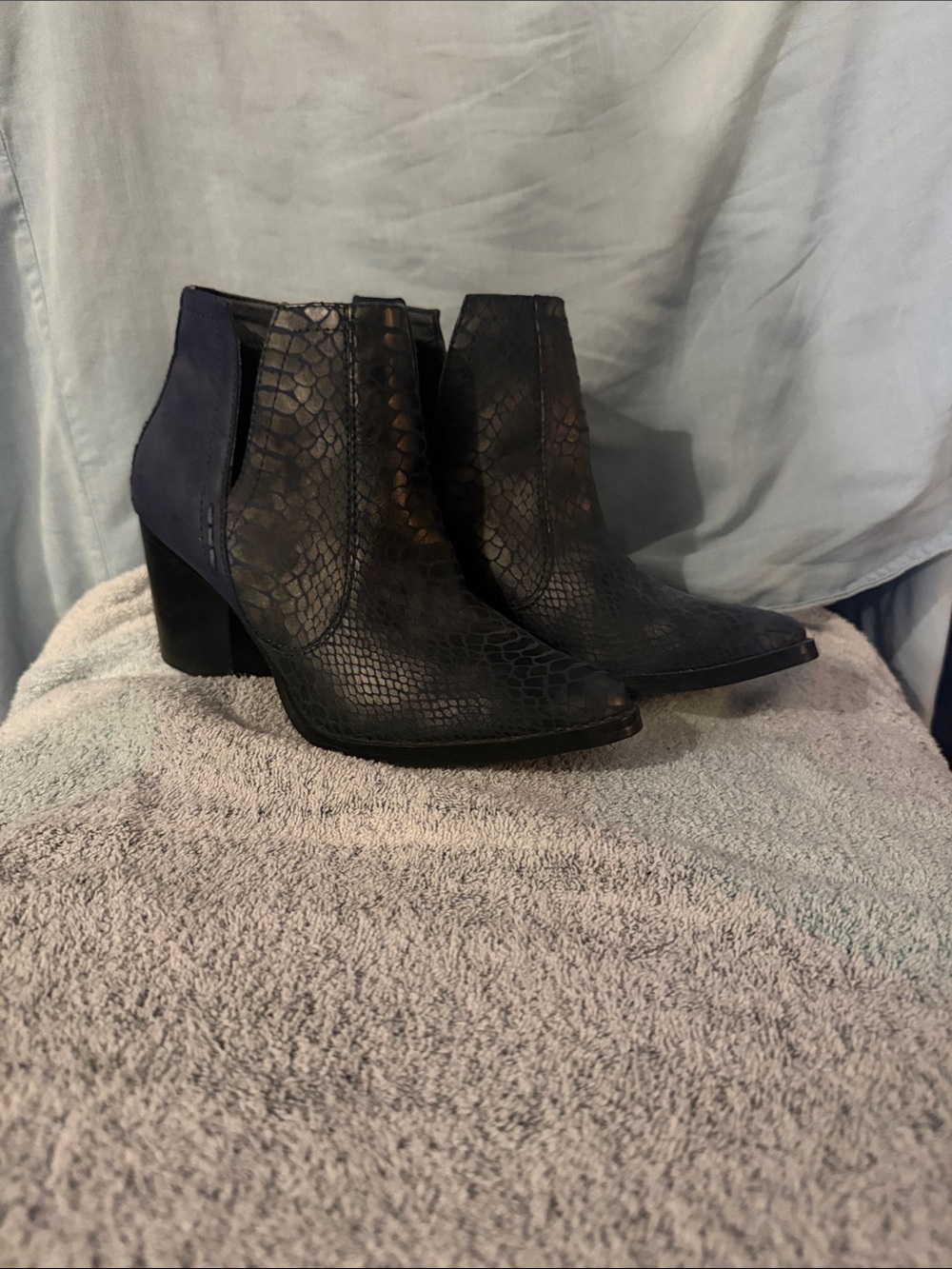 Women's Navy Snake-Embossed Ankle Boots